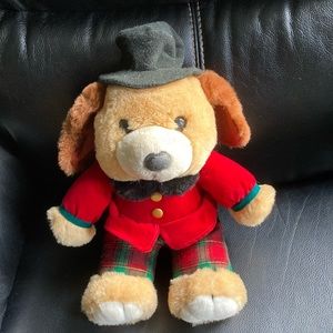 Tan Holiday Teddy Bear with Red Velour Top & Red Plaid Pants